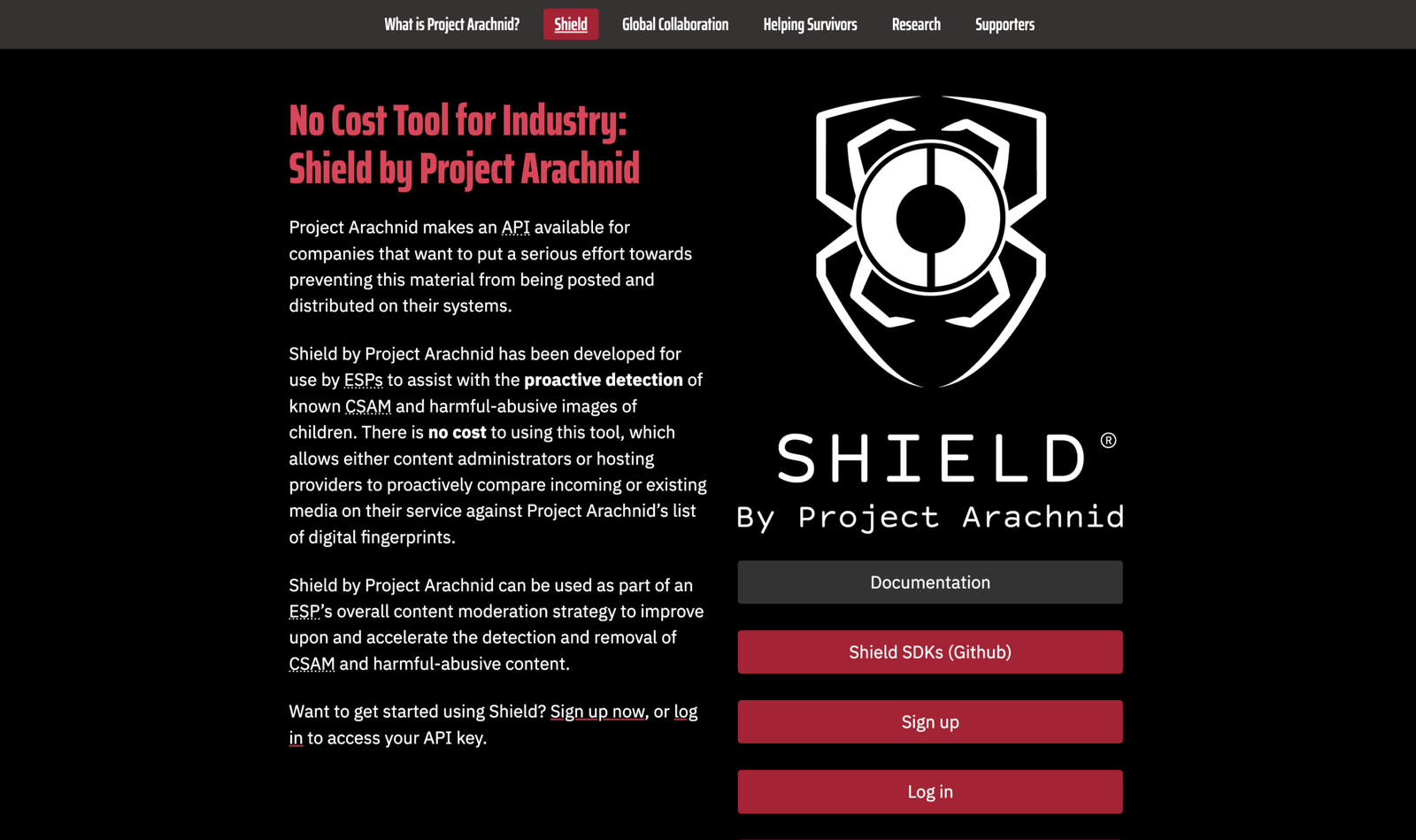Screenshot of Project Shield website